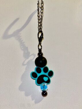 Black & Turquoise Heart Paw Print Cup Charm w/Faceted Aqua Bead Accent
